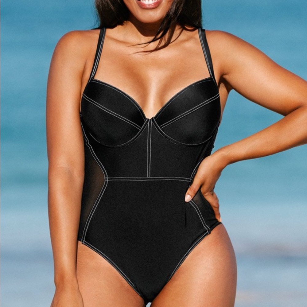 Black CUPSHE OX One Piece Swimsuit with mesh detail panels